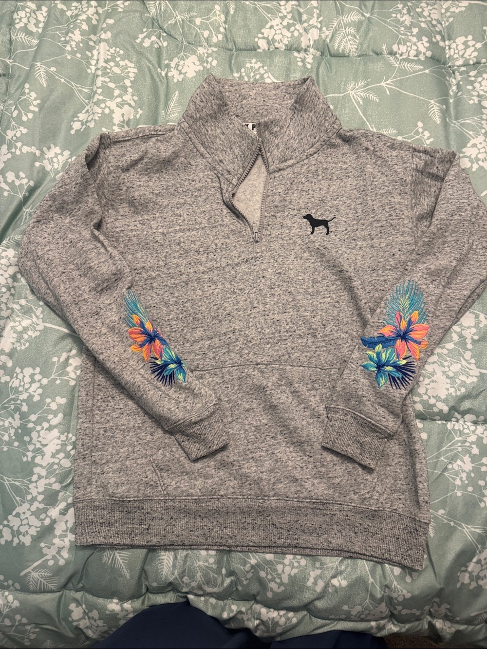 PINK Victoria's Secret Heather Gray Zip Pullover with Logo Trim